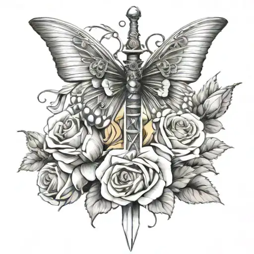 sword with roses around it and one small butterfly   tattoo design idea