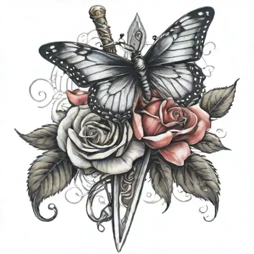 sword with roses around it and one small butterfly on a rose tattoo design idea