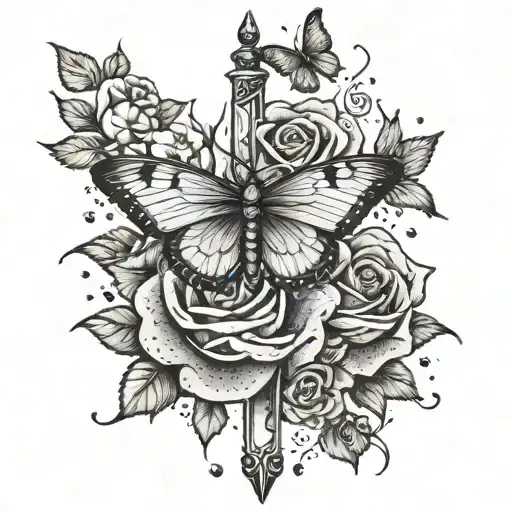 sword with roses around it and one small butterfly   tattoo design idea