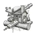 the letters BD, weights,a gaming controller, a guitar, a pan,and a lighter inside a log cabin tattoo design idea