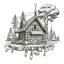 the letters BD, weights,a gaming controller, a guitar, a pan,and a lighter inside a log cabin tattoo design idea