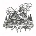 the letters BD, weights,a gaming controller, a guitar, a pan,and a lighter inside a log cabin tattoo design idea