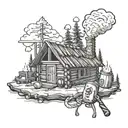 the letters BD, weights,a gaming controller, a guitar, a pan,and a lighter inside a log cabin tattoo design idea