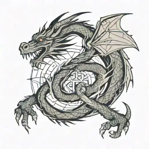 dragon with a sword and chinese letters tattoo design idea