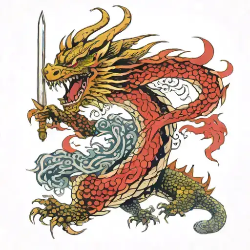 dragon with a sword and chinese letters tattoo design idea