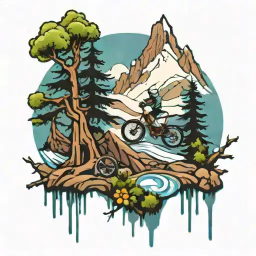 trees mountains water snow bikes snowboarding swimming tattoo design idea