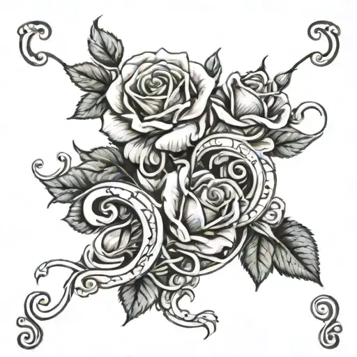 roses with vines wrapped around a letter with the two dates, febuary 28th 1970 and march 5th 1971 in roman numerals tattoo design idea