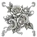 roses with vines wrapped around a letter with the two dates, febuary 28th 1970 and march 5th 1971 in roman numerals tattoo design idea