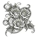 roses with vines wrapped around a letter with the two dates, febuary 28th 1970 and march 5th 1971 in roman numerals tattoo design idea