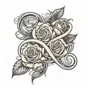roses with vines wrapped around a letter with the two dates, febuary 28th 1970 and march 5th 1971 in roman numerals tattoo design idea