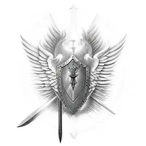 A powerful angelic warrior wielding a sword and shield tattoo design idea