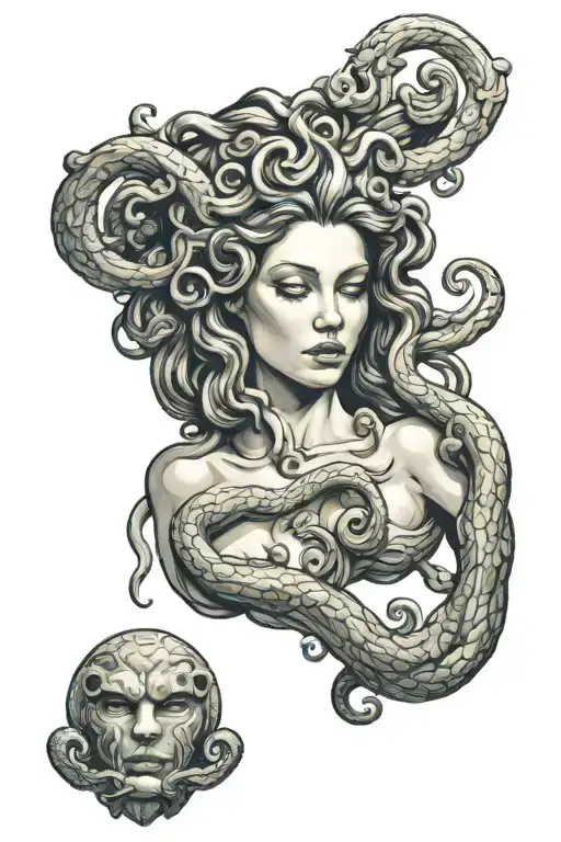 medusa turning herself into stone with mirror reflecting tattoo design idea