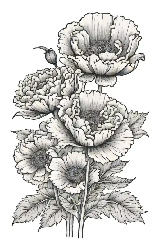 a marigold flower, a carnation, a California poppy  tattoo design idea