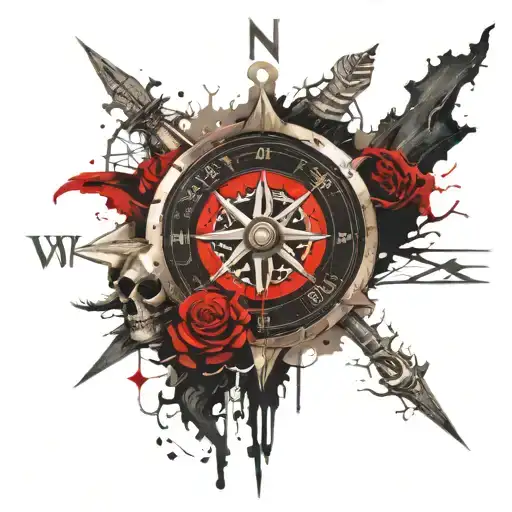 viking compass, skull, pagan, pirate ship tattoo design idea