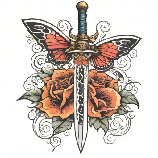 butterfly sword wrapped tattoo design idea