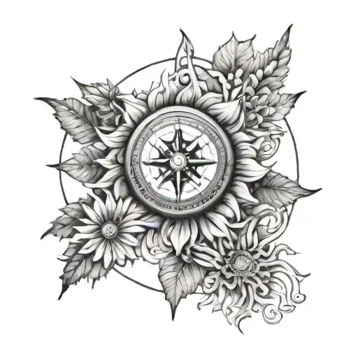 compass and crysanthemum flower tattoo design idea