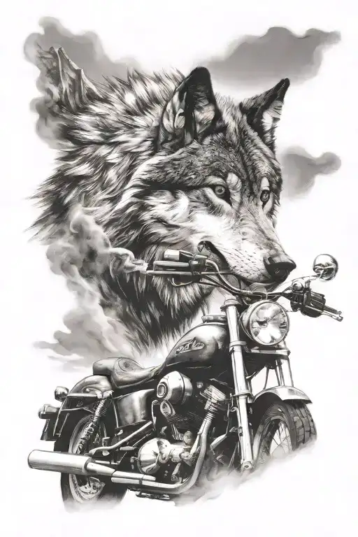 wolf head howling above motorbike riding off into the distance  tattoo design idea