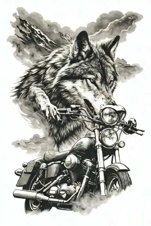 wolf head howling above motorbike riding off into the distance  tattoo design idea