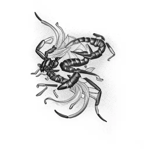  black dark red Scorpion, with lutos flower around it, lighting green and blue, name on Japanese powerful woman on the b tattoo design idea