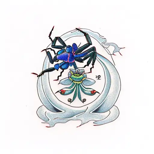  black dark red Scorpion, with lutos flower around it, lighting green and blue, name on Japanese powerful woman on the b tattoo design idea