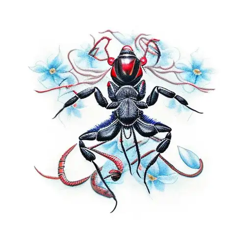  black dark red Scorpion, with lutos flower around it, lighting green and blue, name on Japanese powerful woman on the b tattoo design idea