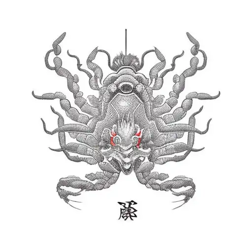  black dark red Scorpion, with lutos flower around it, lighting green and blue, name on Japanese powerful woman on the b tattoo design idea