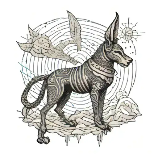 A dotwork tattoo of Anubis guarding the entrance to the underworld tattoo design idea