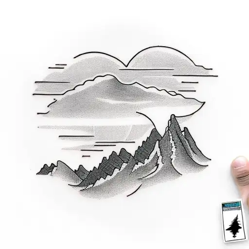 A traditional tattoo design showcasing a beautiful landscape of New Hampshire's mountains, with a silhouette of an electrician working on power lines in the foreground. tattoo design idea