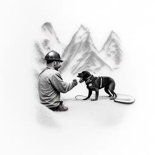 A realistic tattoo of a construction worker with a loyal dog by their side, set against the backdrop of a majestic mountain range. tattoo design idea