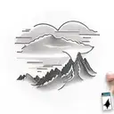 A traditional tattoo design showcasing a beautiful landscape of New Hampshire's mountains, with a silhouette of an electrician working on power lines in the foreground. tattoo design idea