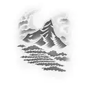 A traditional tattoo design showcasing a beautiful landscape of New Hampshire's mountains, with a silhouette of an electrician working on power lines in the foreground. tattoo design idea