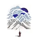 A traditional tattoo design showcasing a beautiful landscape of New Hampshire's mountains, with a silhouette of an electrician working on power lines in the foreground. tattoo design idea