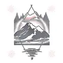 A traditional tattoo design showcasing a beautiful landscape of New Hampshire's mountains, with a silhouette of an electrician working on power lines in the foreground. tattoo design idea