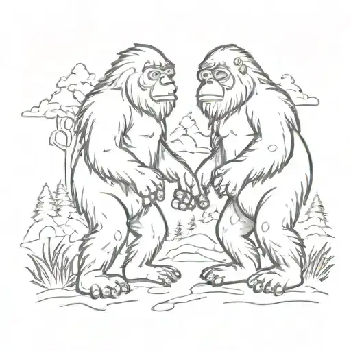 Two cute simple outline silhouette Sasquatch pointing at each other and saying I found you tattoo design idea