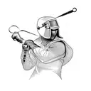 A dynamic blackwork tattoo of a fencer in action, with intricate details of the fencing equipment and a sense of movement. tattoo design idea