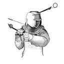 A dynamic blackwork tattoo of a fencer in action, with intricate details of the fencing equipment and a sense of movement. tattoo design idea