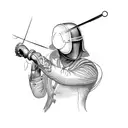 A dynamic blackwork tattoo of a fencer in action, with intricate details of the fencing equipment and a sense of movement. tattoo design idea