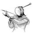 A dynamic blackwork tattoo of a fencer in action, with intricate details of the fencing equipment and a sense of movement. tattoo design idea