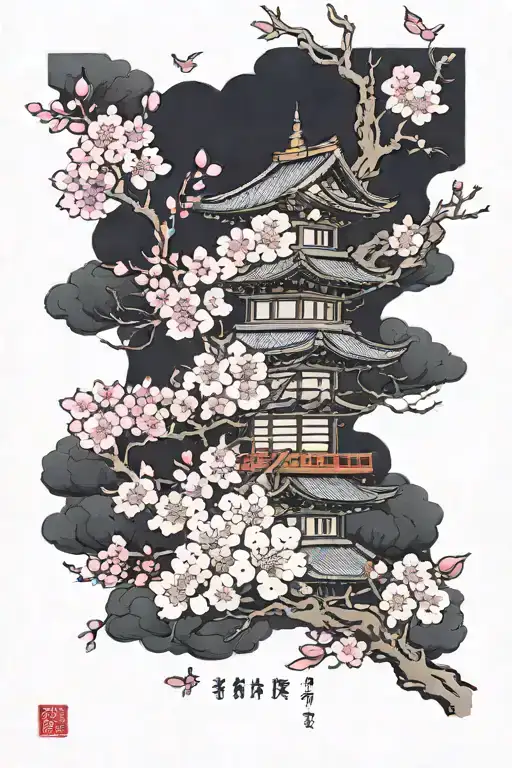 Cherry Blossom Blacks Pinks Jet Black Writing Pink Flowers Black For The Trees And Some Form Of architecture tattoo design idea