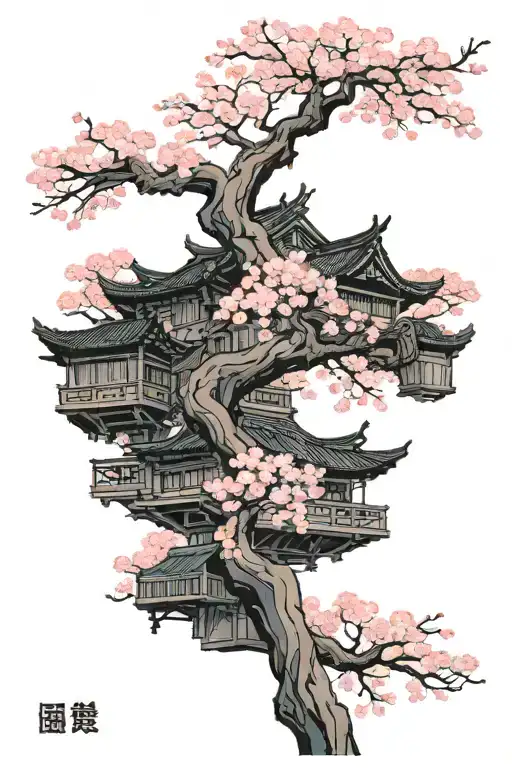 Cherry Blossom Blacks Pinks Jet Black Writing Pink Flowers Black For The Trees And Some Form Of architecture tattoo design idea