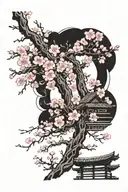 cherry blossom blacks pinks Jet black writing pink flowers black for the trees and some form of japanese architecter tattoo design idea