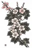cherry blossom blacks pinks Jet black writing pink flowers black for the trees and some form of japanese architecter tattoo design idea