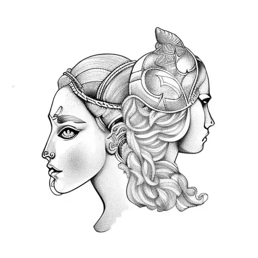 left head greek goddess right head female viking tattoo design idea