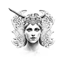 half ancient greek goddess statue head and half female vikings tattoo design idea