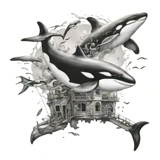 orca and scuba diver exploring a shipwreck tattoo design idea