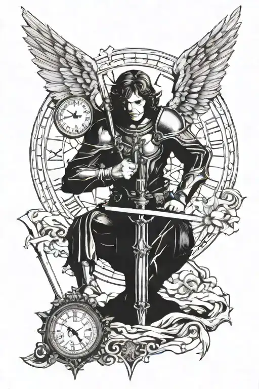 archangel michael kneeling sword in ground with clocks and compasses tattoo design idea