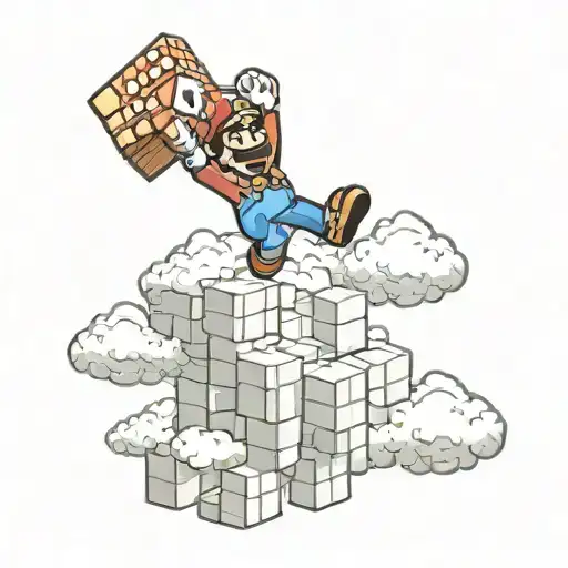 Teenager jumping off a cloud up into a Mario block tattoo design idea