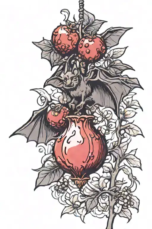 bat hanging from pomegranate branch tattoo design idea