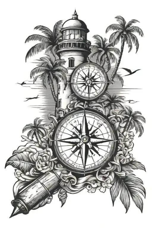 compass and lighthouse pointing south and palm tree pointing west tattoo design idea