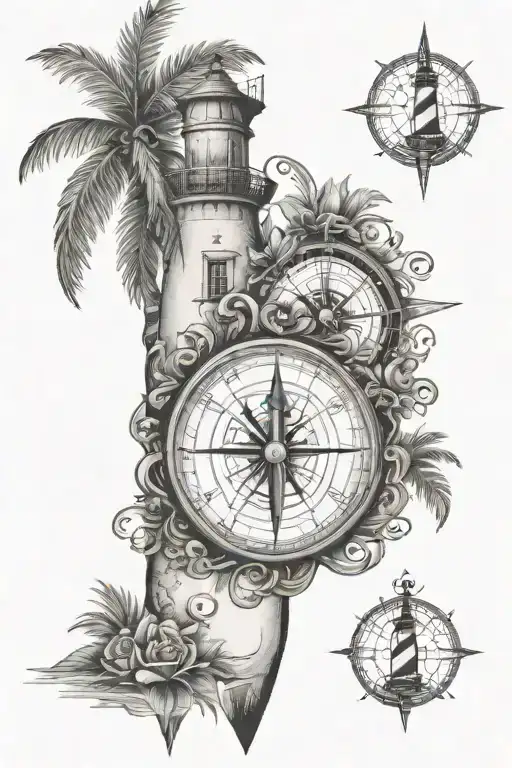 compass with lighthouse pointing south and palm tree pointing west and vines  pointing east  tattoo design idea